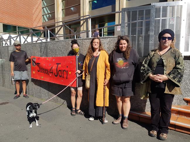 Jari Wise's grandmother (in yellow cardigan) with loved ones of Mr Wise, who died at Huonville in 2020. A court hearing is currently unfolding over allegations Mr Wise's mother, Faith Tkalac, assaulted the mother of Mr Wise's ex-partner Melissa Oates. Picture: Amber Wilson