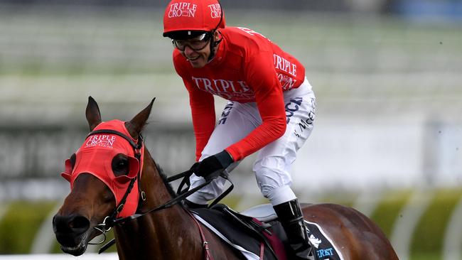 Jockey Kerrin McEvoy onboard Everest king Redzel. Picture: AAP