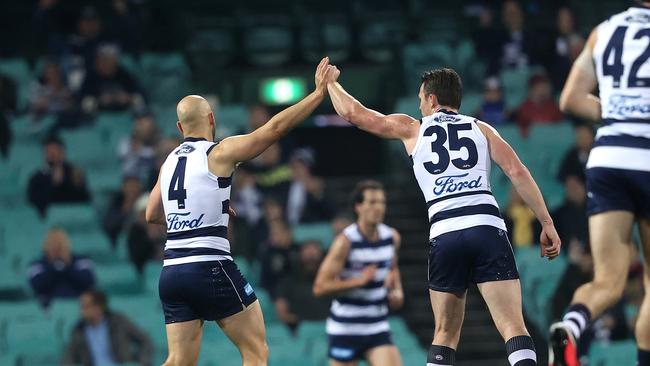 Gary Ablett and Patrick Dangerfield starred in Geelong’s win over Brisbane. Picture. Phil Hillyard