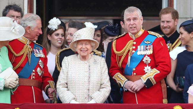 Prince Charles, Prince of Wales, Princess Beatrice, Princess Anne, Princess Royal, Queen Elizabeth II, Prince Andrew, Duke of York, Prince Harry, Duke of Sussex and Meghan, Duchess of Sussex during Trooping The Colour in June.