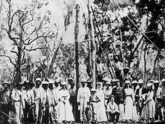 The ceremonial planting of northern section’s first pole of Overland Telegraph Line, which took place in 1870, near the town that is now known as Oodnadatta.