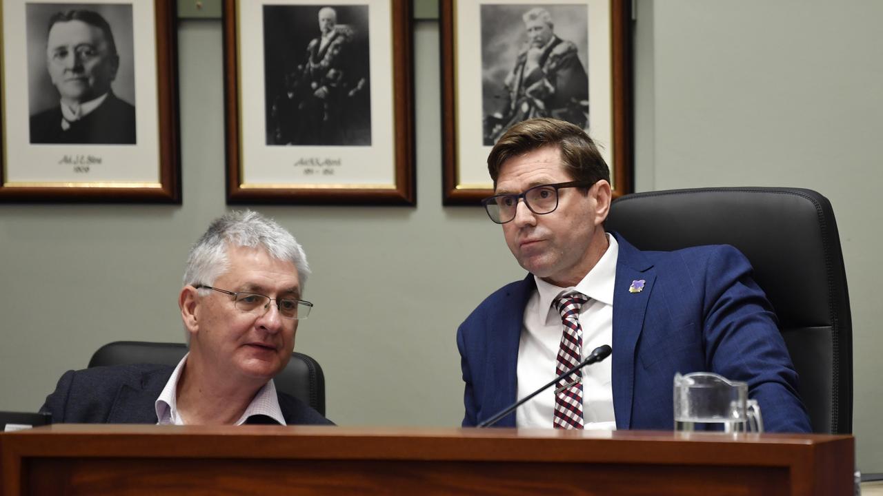 CEO Brian Pidgeon (left) and Cr Geoff McDonald before the Toowoomba Regional Council special meeting to select a new mayor, Friday, July 21, 2023. Picture: Kevin Farmer