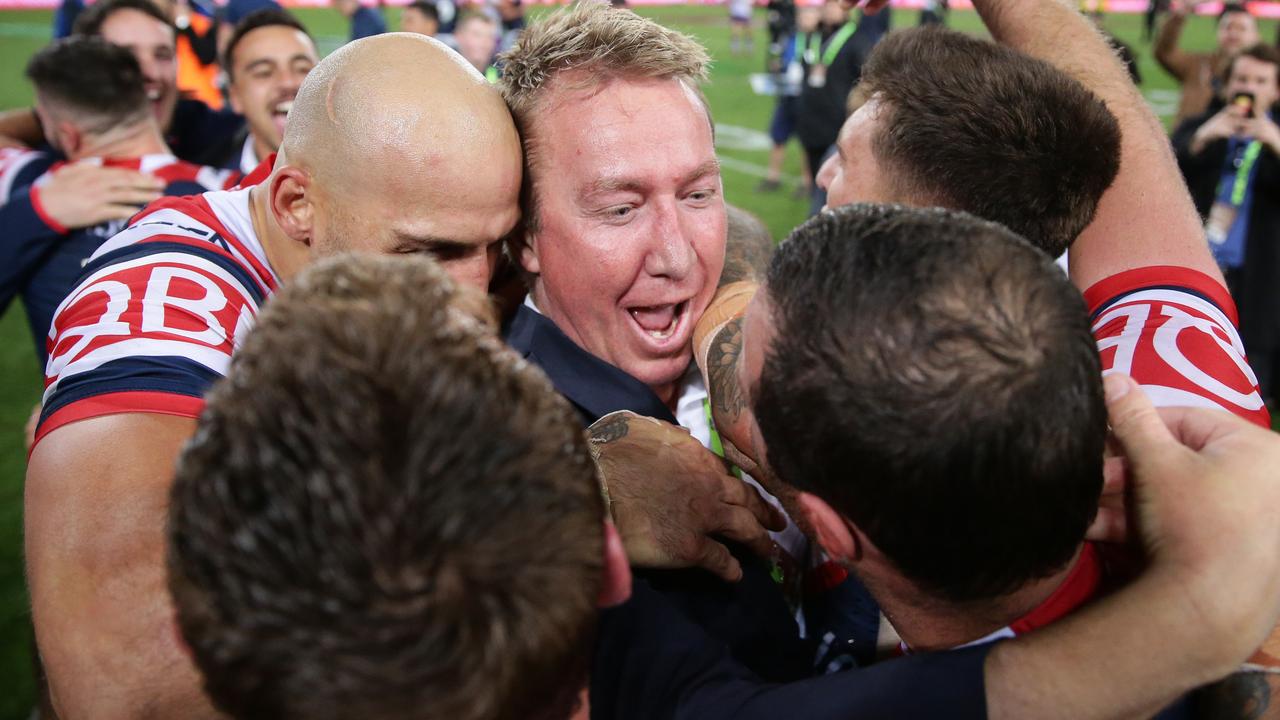 Trent Robinson with his players after full-time. Picture: Brett Costello