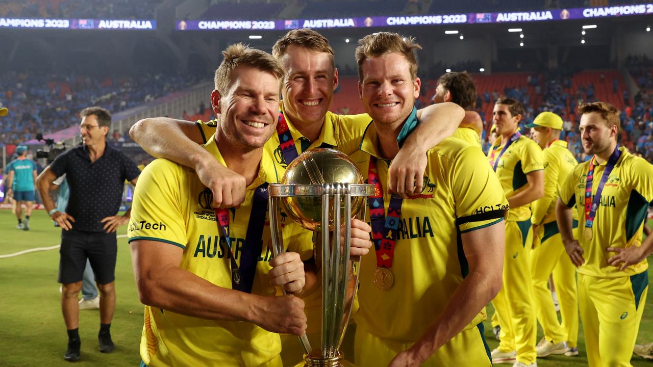 Smith (R) celebrates the World Cup triumph alongside David Warner and Marnus Labuschagne. Picture: Getty