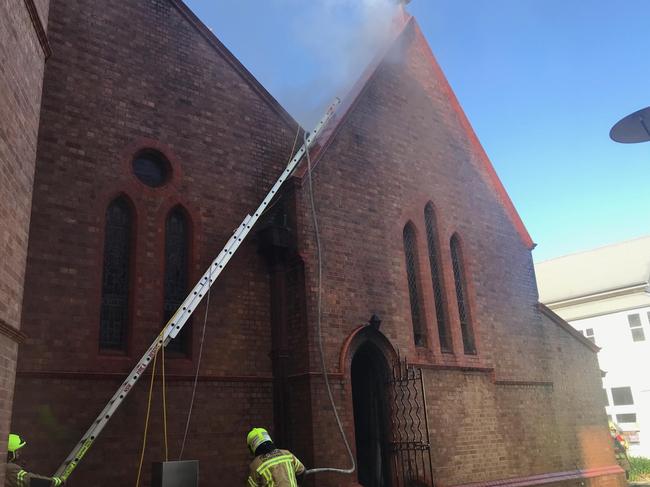 NSW Fire & Rescue crews at the scene of the fire at St Carthage's Cathedral in Lismore.