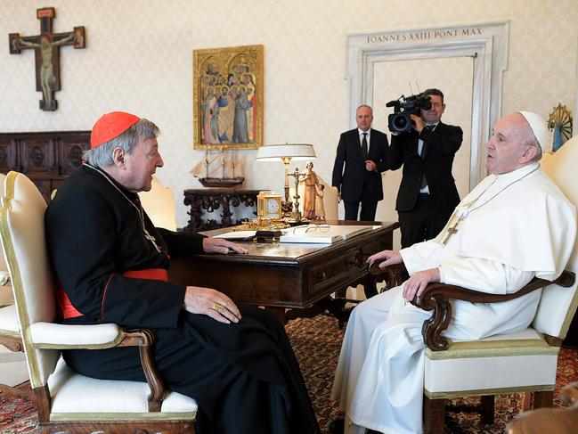 Pictured together last month, George Pell and the Pope during a private audience at the Vatican. Picture: AFP