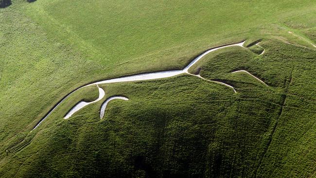 Aerial view of The White Horse is seen at Uffington on the Berkshire Downs, Oxordshire.