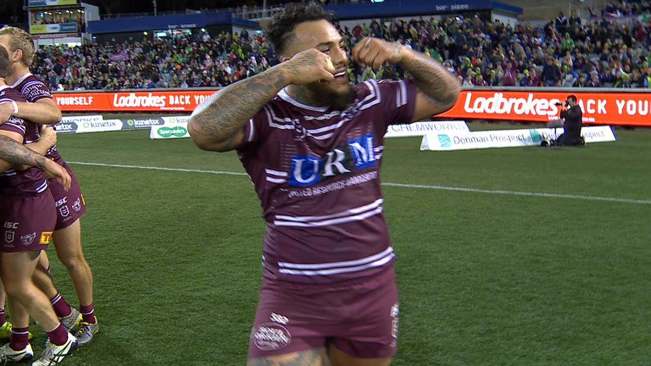 Addin Fonua-Blake taunts Raiders fans after his side's win in Canberra.