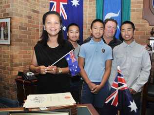 FLAG DAY: Sheila Galea who became an Australian citizen, Nicolas Galea, Paolo Galea, Greg Galea (Sheila’s husband) and Franco Galea, at the citizenship ceremony. Picture: Mireille Merlet-Shaw