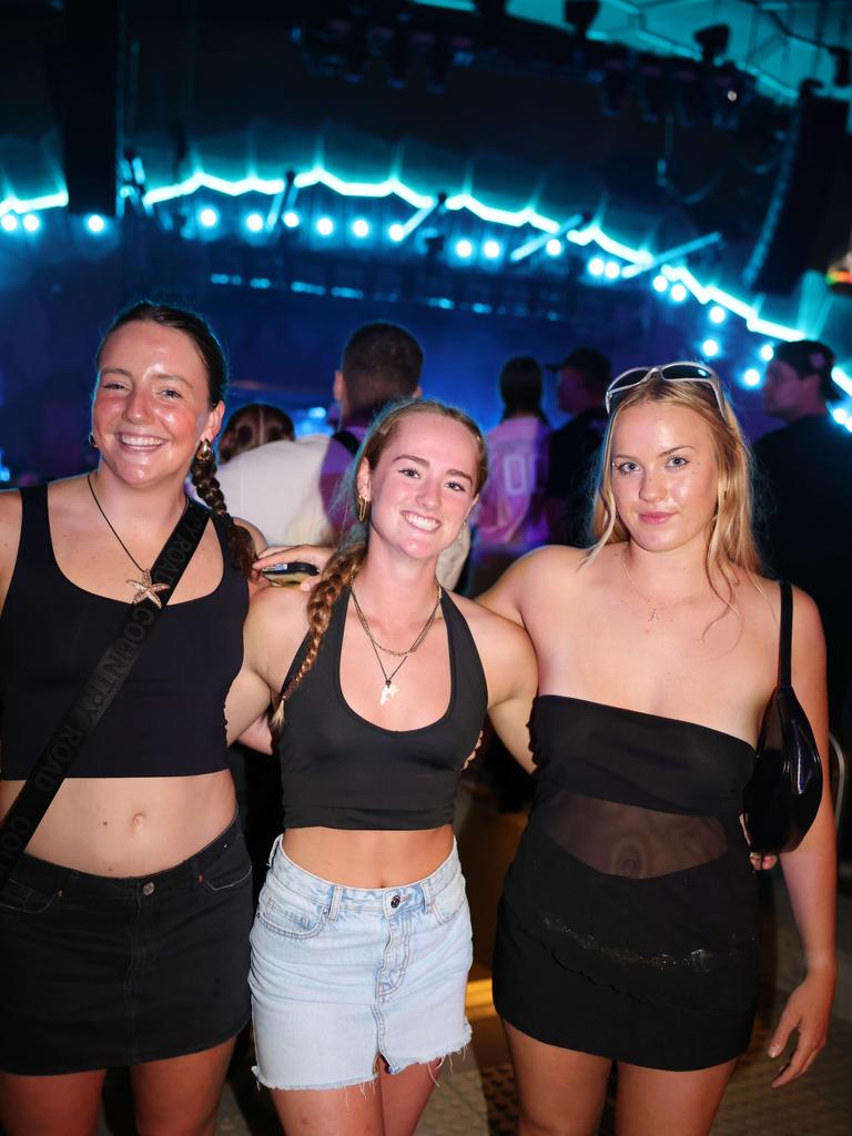 Katie Natt, Emily Bear and Adina Philpott at The Kid LAROI at HOTA Outdoor Stage for Gold Coast at Large. Picture, Portia Large.