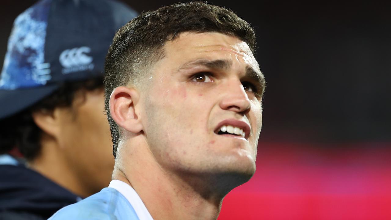 ADELAIDE, AUSTRALIA - NOVEMBER 04: Nathan Cleary of the Blues reacts after losing game one of the 2020 State of Origin series between the Queensland Maroons and the New South Wales Blues at the Adelaide Oval on November 04, 2020 in Adelaide, Australia. (Photo by Mark Kolbe/Getty Images)