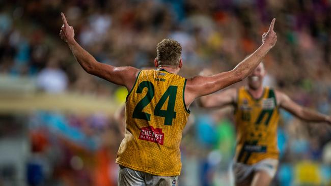 Jackson Calder scores in the 2023-24 NTFL Men's Grand Final between Nightcliff and St Mary's. Picture: Pema Tamang Pakhrin