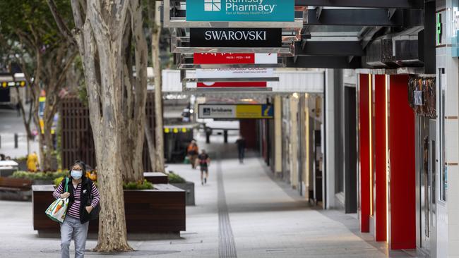 The usually busy Queen Street Mall in Brisbane city is practically empty on day three of lockdown. Lockdown is in place until this Sunday 4pm to stop the spread of the COVID-19 Delta strain. NCA NewsWire / Sarah Marshall