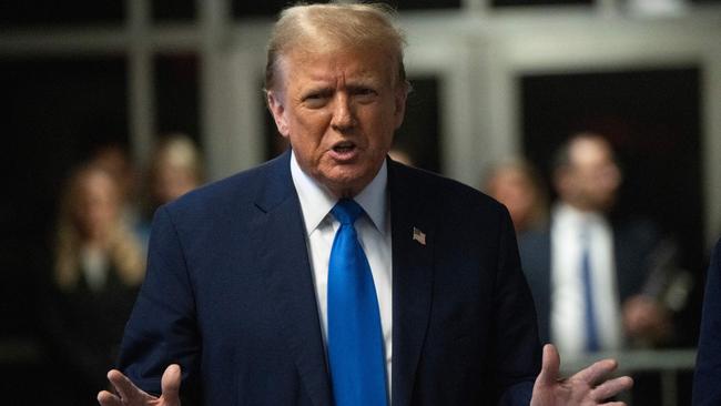 Former US president and Republican presidential candidate Donald Trump speaks to the press during his trial at Manhattan Criminal Court in New York for allegedly covering up hush money payments linked to extramarital affairs. Picture: Victor J. Blue