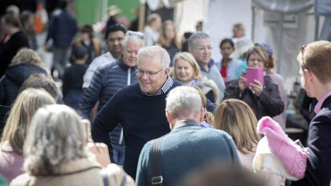 Prime Minister Scott Morrison at the Salamanca Market in Hobart on Saturday. Picture: Chris Kidd