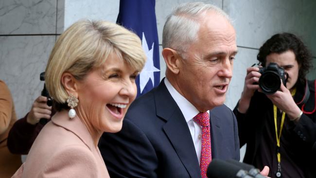 PM Malcolm Turnbull with Deputy Liberal Leader Julie Bishop yesterday.