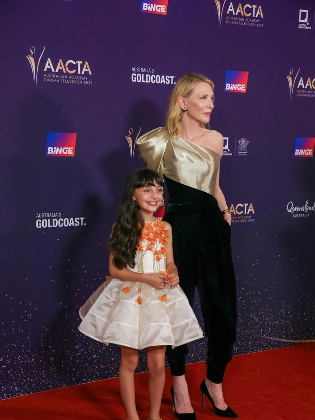 Cate Blanchette and co star Selina Zahednia arrive on the Red Carpet at the 2024 Aacta Awards at HOTA on the Gold Coast. Picture: Glenn Campbell