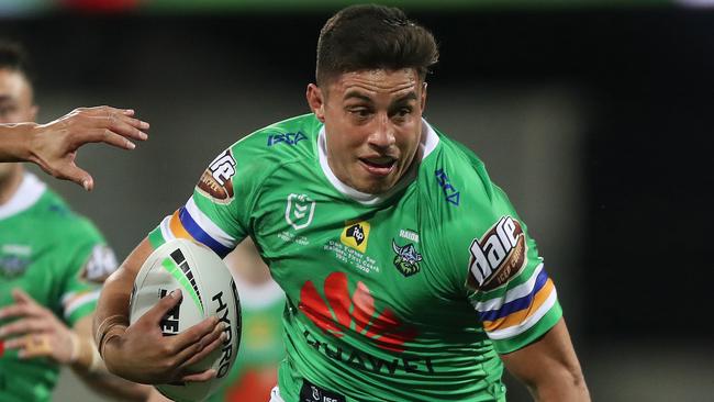 Canberra's Joseph Tapine on his way to scoring a try during the Sydney Roosters v Canberra Raiders Semi Final at the SCG. Picture: Brett Costello