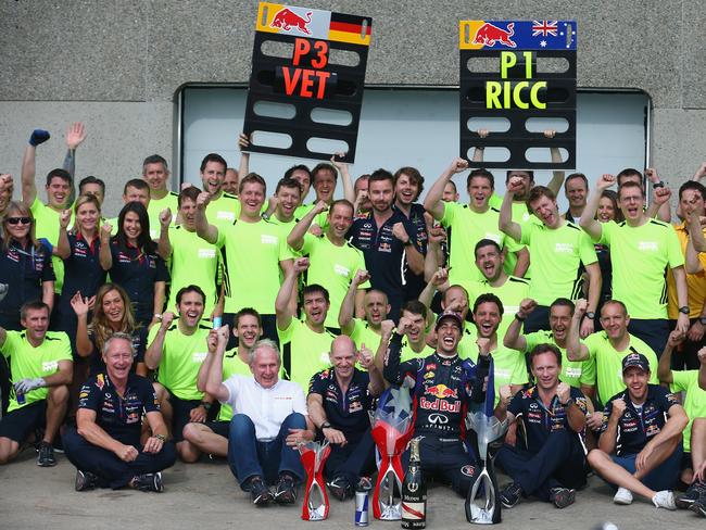 The Infiniti Red Bull Racing team celebrate the maiden race win for Daniel Ricciardo during the Canadian Formula One Grand Prix. Picture: Tom Pennington/Getty Images