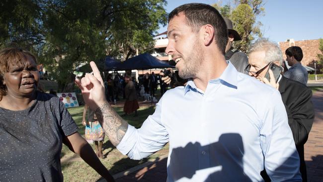 Zachary Rolfe wags his finger at an Indigenous woman during an angry confrontation outside the inquest into Kumanjayi Walker’s death. Picture: Liam Mendes