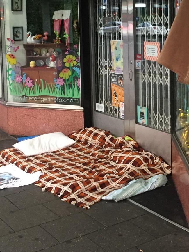 Bedding from someone sleeping outside a business on Pulteney St.