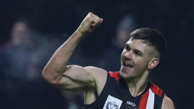 Mitch Cox celebrates one of his four goals. Pic: Matt Walker