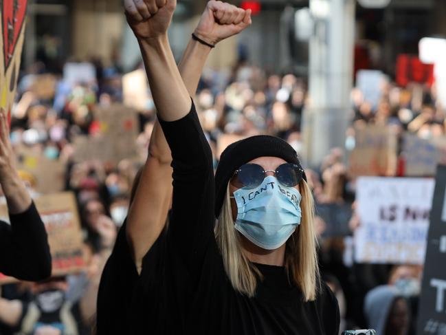 Black Lives Matter protest at Sydney town hall today. Protestors marched in their thousands to Belmore Park near central station. Picture: David Swift