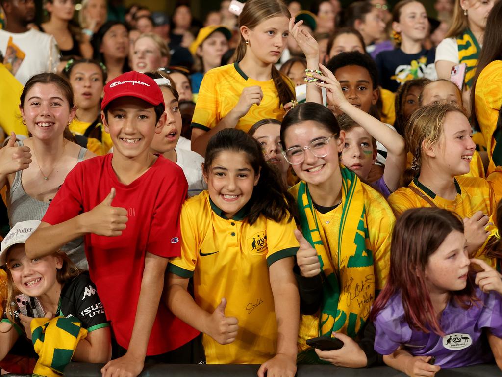 MELBOURNE, AUSTRALIA - FEBRUARY 28: Fans wait for Matildas players during the AFC Women's Olympic Football Tournament Paris 2024 Asian Qualifier Round 3 match between Australia Matildas and Uzbekistan at Marvel Stadium on February 28, 2024 in Melbourne, Australia. (Photo by Kelly Defina/Getty Images)