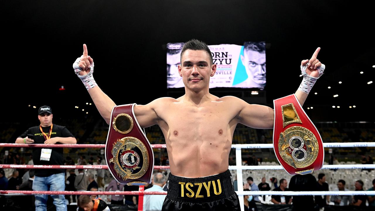 Tim Tszyu celebrates victory in his fight against Jeff Horn