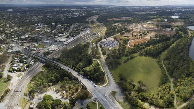 Drone pictures of site for new Moreton Bay Region University at Petrie on the site of the former paper mill, showing the Gympie Rd/Paper Ave intersection, prior to the start of construction on the USC Moreton Bay foundation building.