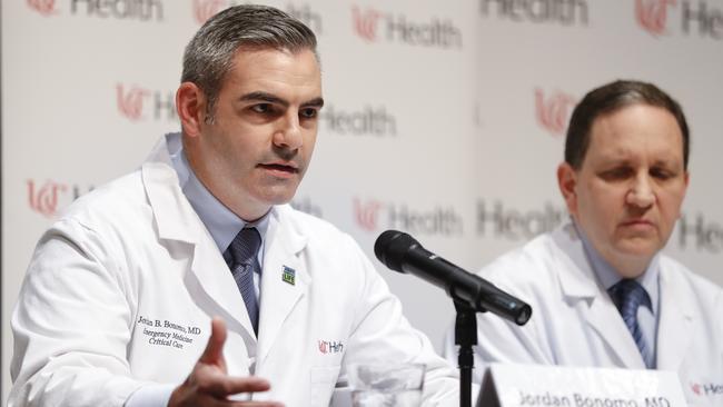 Jordan Bonomo, a neurointensivist, and Daniel Kanter, medical director of the Neuroscience Intensive Care Unit at University of Cincinnati Medical Centre in Cincinnati, talk about Warmbier’s condition last week. Picture: AP