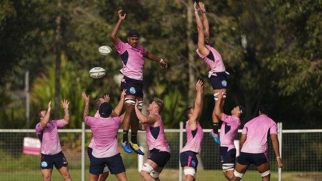 Melbourne Rebels players run though lineout practice during a training session at Gosch’s Paddock on Thursday. Picture: AAP