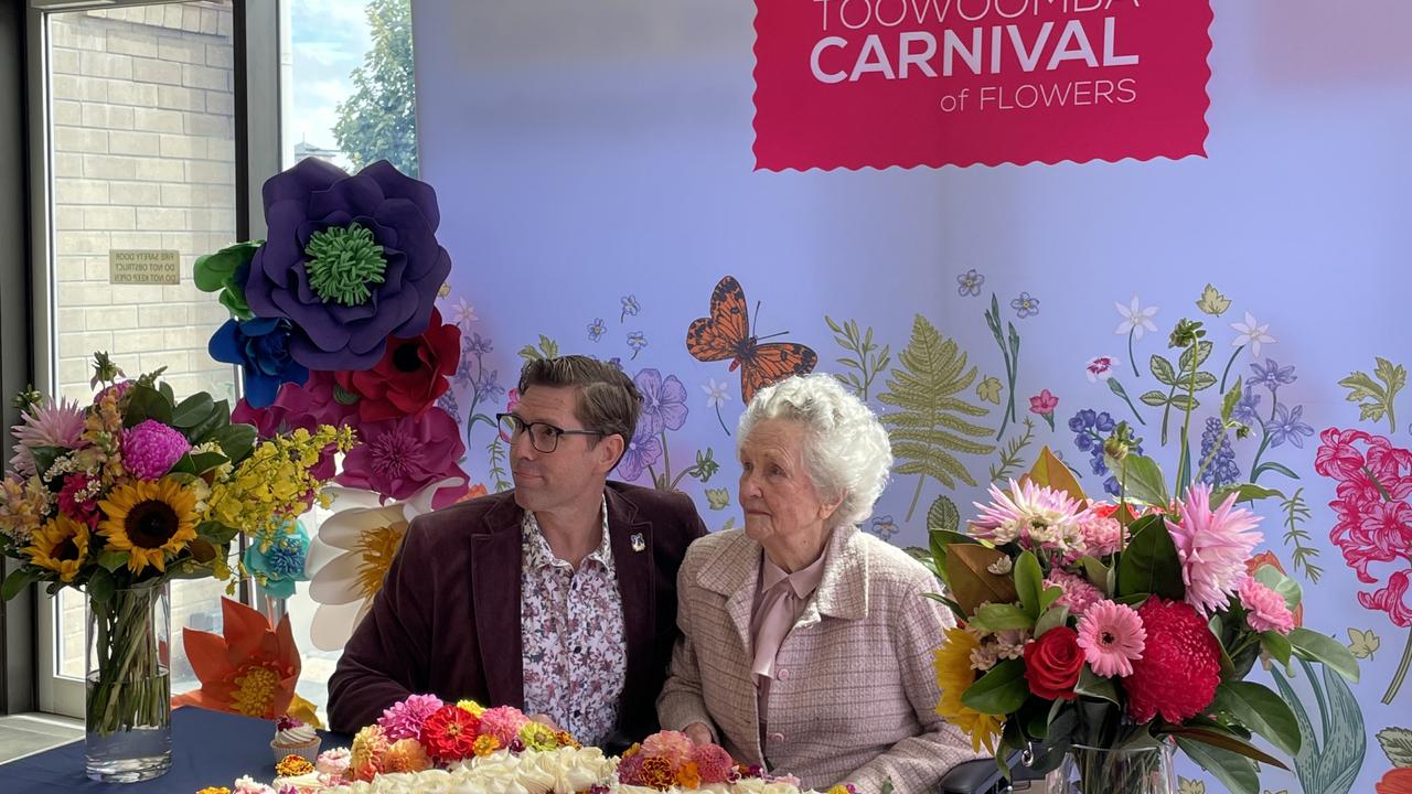 Toowoomba Regional Council mayor, Geoff McDonald announced the scheduled for the 2024 Carnival of Flowers, alongside the carnival's first queen, Fay Clayden. Photo: Jacklyn O'Brien.