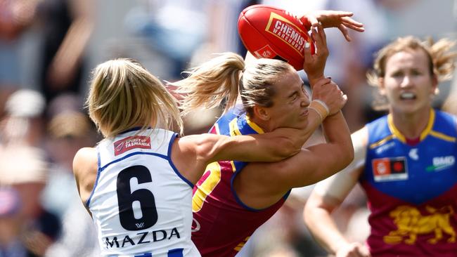 Natalie Grider cops a high tackle in the opening quarter. Picture: Getty Images