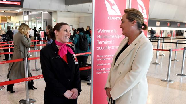 Qantas CEO Vanessa Hudson has made a point of talking to staff and customers as she strives to take the airline into a new era. Picture: James D. Morgan/Getty Images