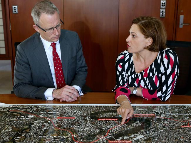 Federal Urban Infrastructure Minister Paul Fletcher discusses Cross River Rail with State Infrastructure Minister Jackie Trad last year.