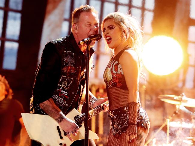 LOS ANGELES, CA - FEBRUARY 12: Musicians James Hetfield of Metallica (L) and Lady Gaga perform onstage during The 59th GRAMMY Awards at STAPLES Center on February 12, 2017 in Los Angeles, California. (Photo by Christopher Polk/Getty Images for NARAS)