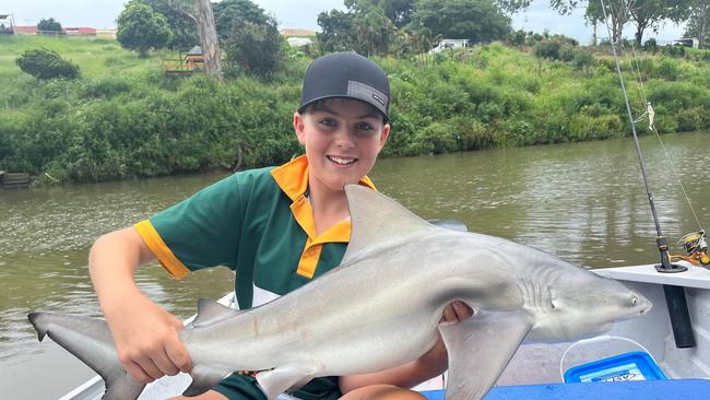 Mavrick Currie catching a shark at the Brisbane River. Picture: Supplied