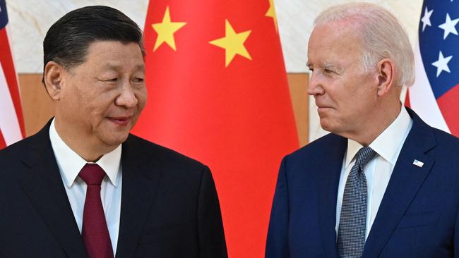 US President Joe Biden, right, and Chinese President Xi Jinping meet in Bali on Monday night. Picture: AFP