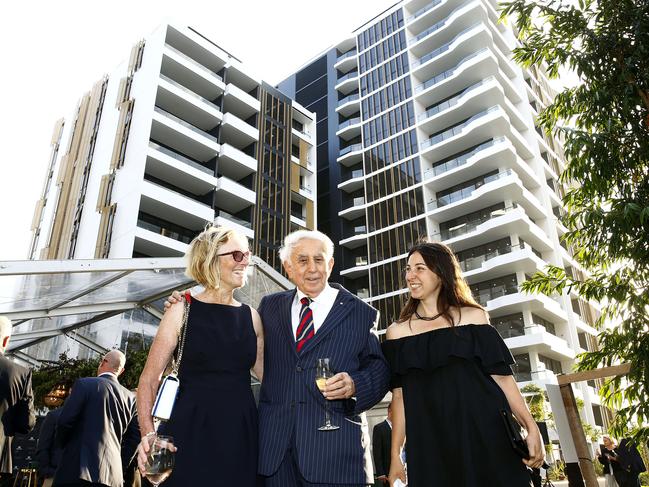 Harry Triguboff with his wife Rhonda Triguboff and grand daughter Ella Lizor at the Opening of his New Meriton development Pagewood Green. Picture: John Appleyard