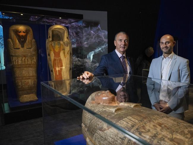 CANBERRA, AUSTRALIA. DECEMBER 14, 2023: National Museum of Australia Director Mathew Trinca with Discovering Ancient Egypt curator Dr. Daniel Soliman at the NMA in Canberra. Picture: Martin Ollman