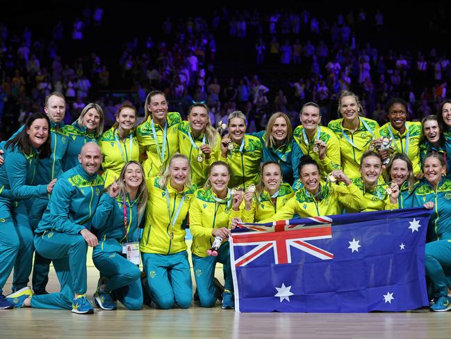 Gold Medallists Team Australia celebrate during the Netball Medal Ceremony on day ten of the Birmingham 2022 Commonwealth Games at NEC Arena. Picture: Getty Images.