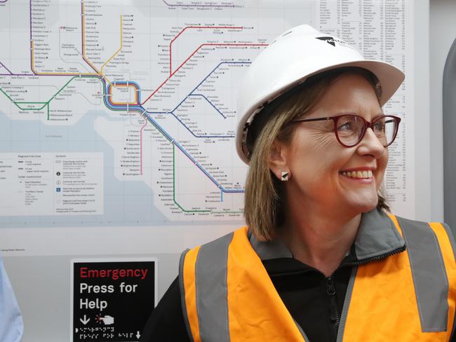 Premier Jacinta Allan in the new Parkville Station and she took a test ride on a train to ANZAC station. Thursday, June 27. 2024. Picture: David Crosling