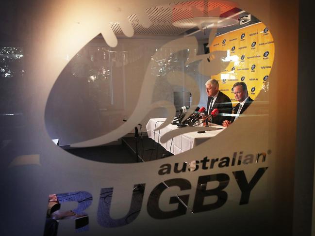 Australian Rugby Union Chairman Cameron Clyne and CEO Bill Pulver at a press conference on the future of Super Rugby after announcement that one Australian team will be dropped from the competition. Picture. Phil Hillyard