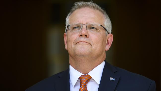 Prime Minister Scott Morrison during his press conference on the government’s response to the bushfires raging across the country. Picture: AAP/Lukas Coch