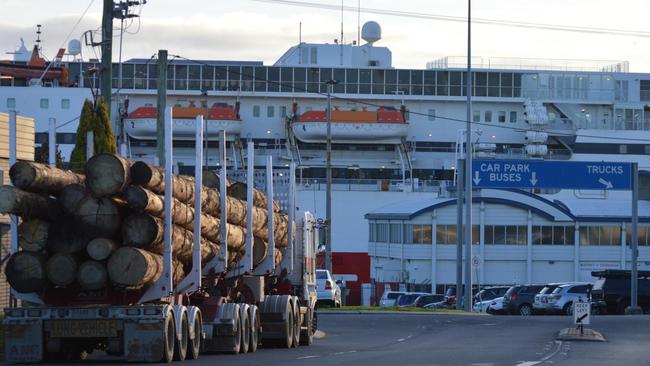 Log trucks taking Tasmanian native forest logs to Victorian mills, via the Bass Strait ferries. Picture: Bob Brown Foundation