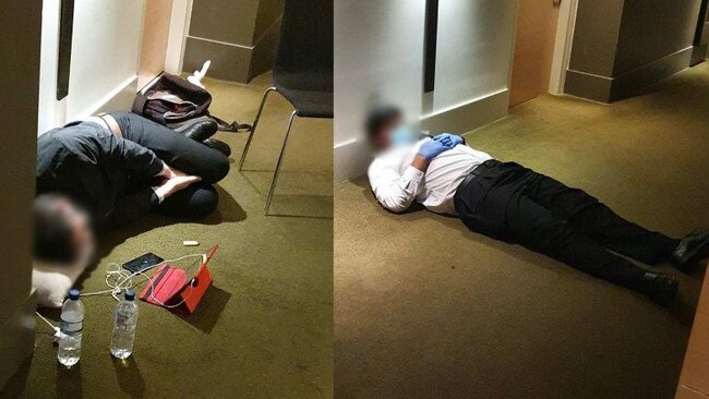 More guards sleep outside hotel rooms in Melbourne. Picture: Four Corners/ABC