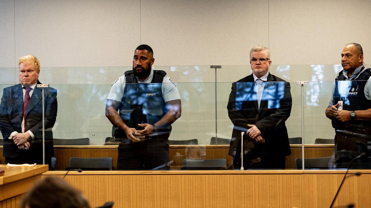 Mark Lester (left) and Sean Bryan (second from right) at their sentencing in the New Zealand High Court on May 20, 2025. Picture: Dean Purcell/New Zealand Herald