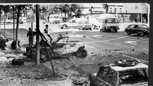 Russell Street was flattened by a bomb blast outside Victoria Police headquarters on March 27, 1986. Photo: News Corp Australia.