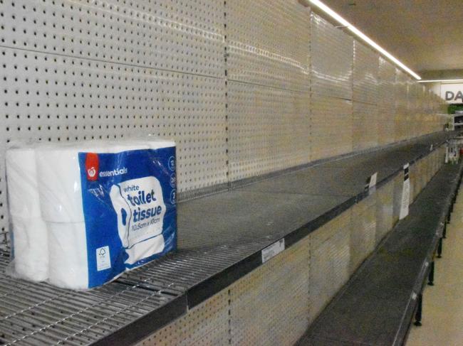 At Woolworths in Nightcliff, the toilet paper aisle was left empty as people stocked up on loo paper amid panic about coronavirus. Picture Katrina Bridgeford.